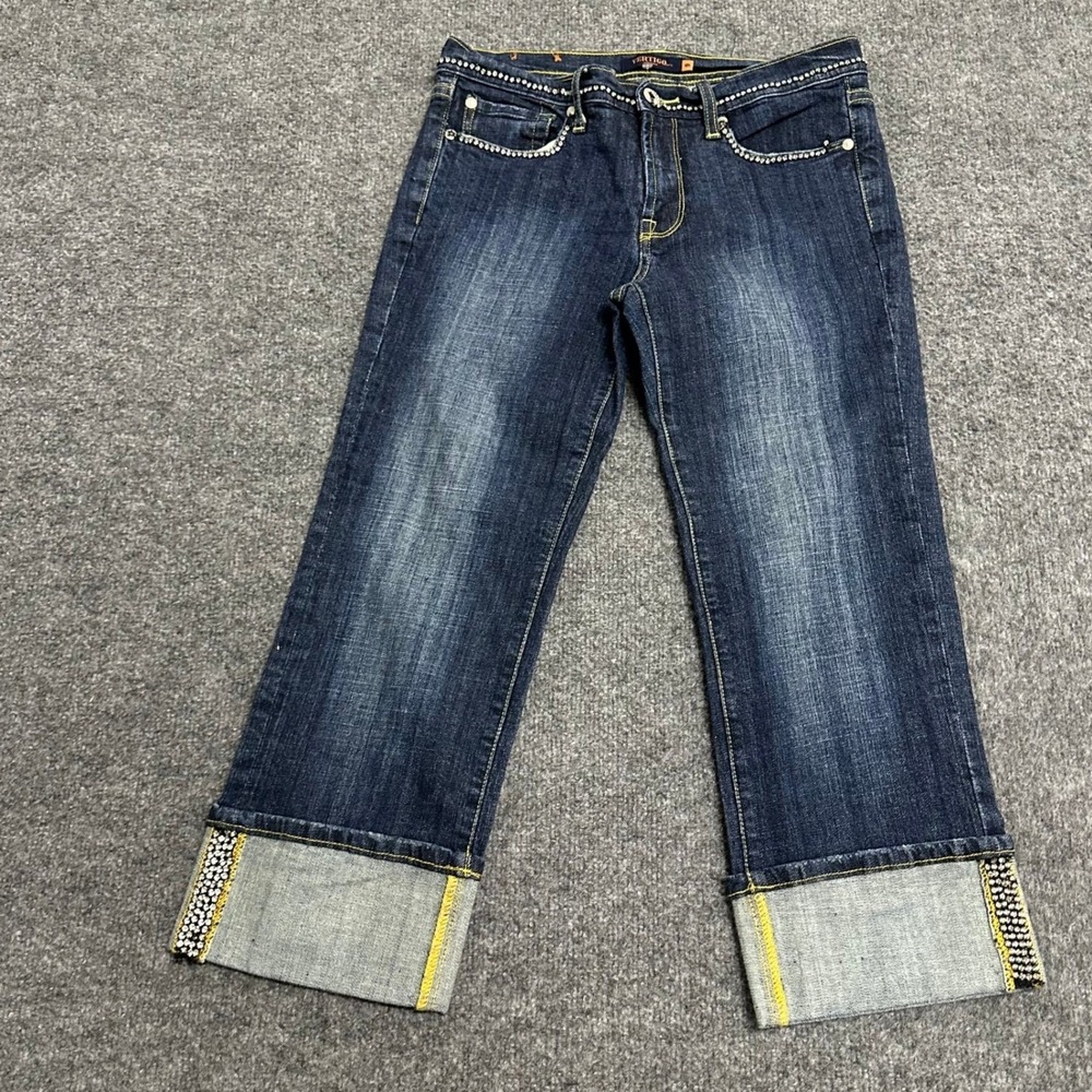 Vertigo Paris Jeans Womens Size 6 Dark Wash Rhinestone Cuffed Straight Leg Denim
